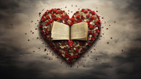 Heart shaped book with red roses flying out of it on cloudy sky backgroundの素材