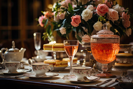 Cup of tea with teapot and cake on the tableの素材