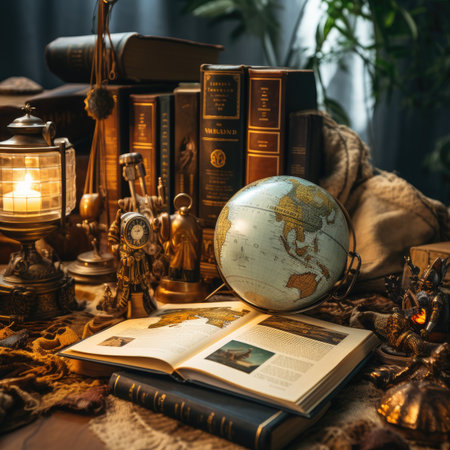 Vintage still life with old books, globe and candlestickの素材