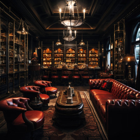 Luxury interior of a classic pub with leather armchairs and bookshelvesの素材