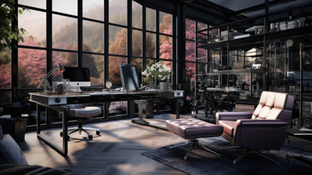 Modern coworking office interior with computers and coffee table.の素材