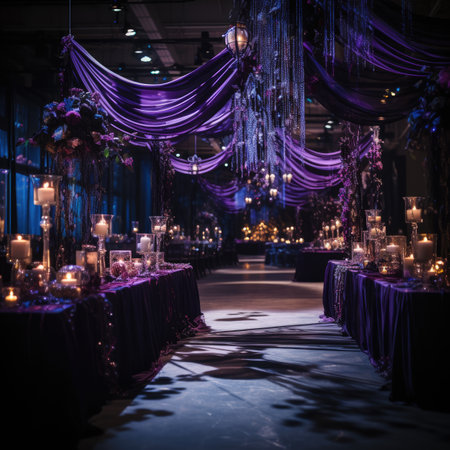 Wedding Ceremony. Banquet hall decorated with purple cloth.の素材