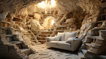 a fantasy world with bookshelves and sofaの素材
