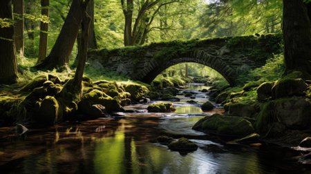 Old stone bridge over a river in the forest, with moss and rocksの素材