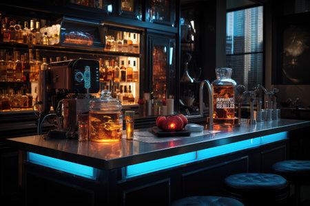 Bar counter with bottles of whiskey and a glass of cognac.の素材