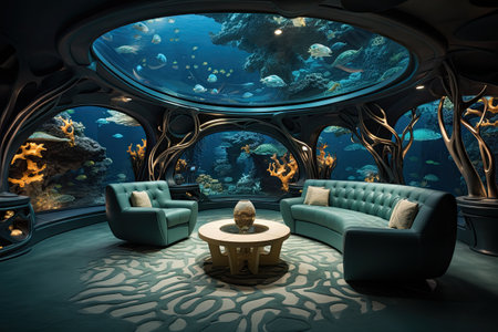 Interior of a submarine with a view of the underwater world.の素材