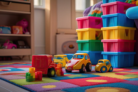 Plastic toy truck with colorful bucket on the carpet in the roomの素材
