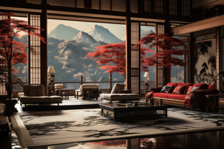 modern living room in chinese style with mountains viewの素材