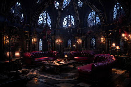Interior of a gothic church with red leather armchairsの素材