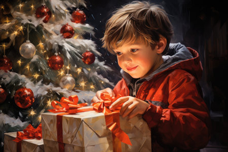 Cute little boy opening gift box in front of christmas treeの素材