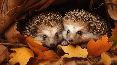 Two cute hedgehogs in the autumn leaves. Studio shot.の素材