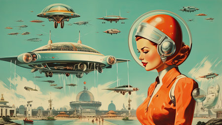 Astronaut in space with flying saucers. Retro style.の素材