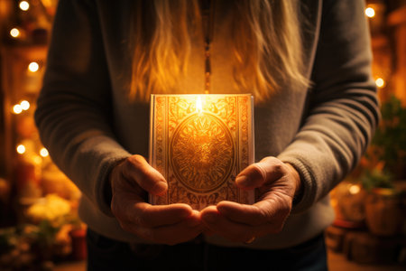 Hands of a young woman holding a lit candle in front of a Christmas backgroundの素材