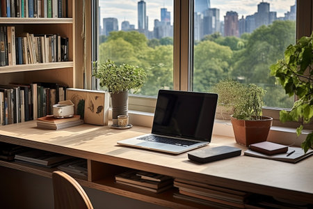 Laptop on a table in a room with bookshelf and city viewの素材