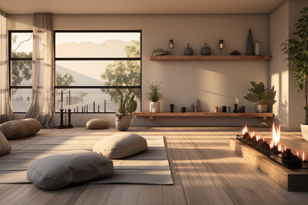 Interior of a modern room with a wooden floor and a large window.の素材