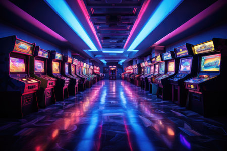 Retro arcade game machine with colorful neon lightsの素材
