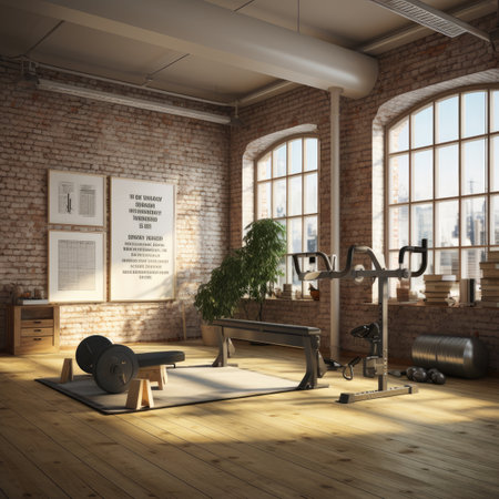 Interior of modern fitness studio with brick walls, wooden floor and gym equipmentの素材