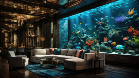 Interior of a modern living room with a view of the seaの素材