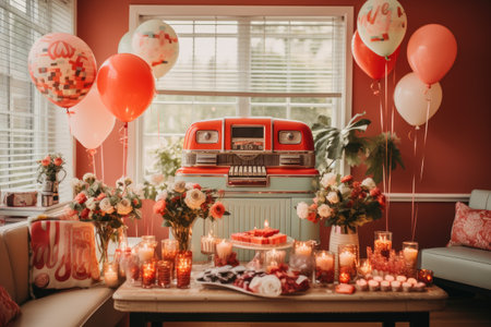 Interior of a living room decorated for a birthday party with candles and balloonsの素材