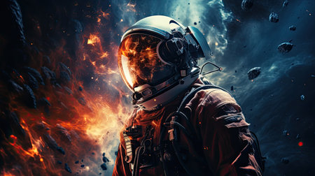 Astronaut in spacesuit and helmet against space background. Mixed mediaの素材