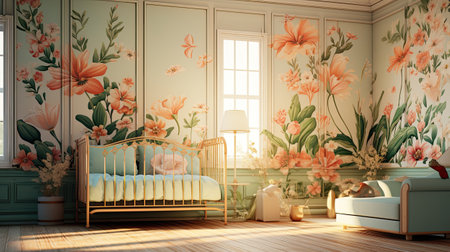 bedroom interior design with flower painting on wall.の素材