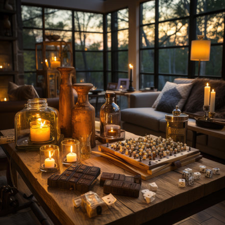 Luxury interior of living room with wooden table, candles and furniture.の素材