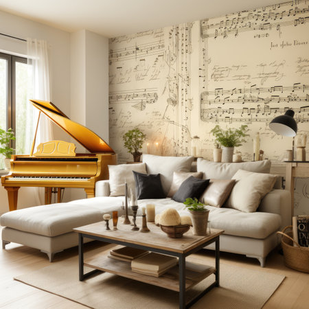 Interior of living room with white sofa and piano.の素材