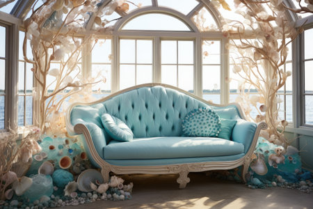 Living room interior with blue sofa, flowers and decorationsの素材