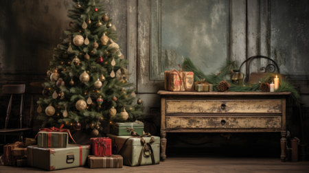 Vintage interior with christmas tree and presents.の素材
