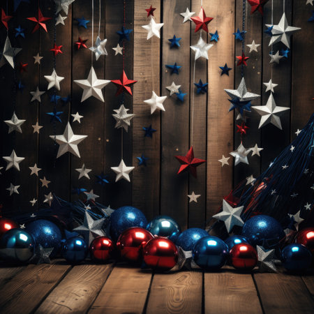 flag and christmas decoration on wooden background, retro tonedの素材
