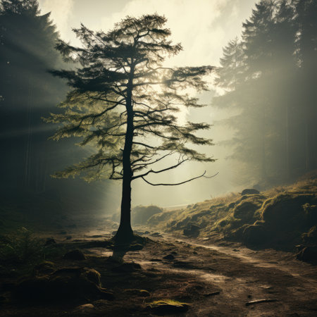 Mysterious pine tree in the misty forest. Fantasy landscape.の素材