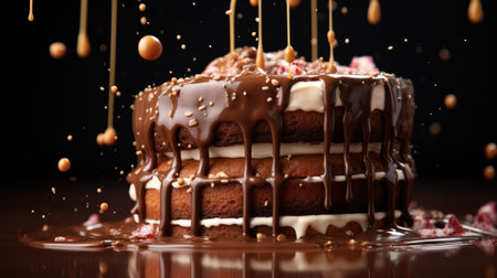 Chocolate cake with melted chocolate on a dark background, close-upの素材