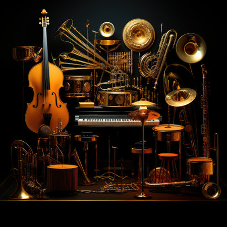 Musical instruments on a black background.の素材