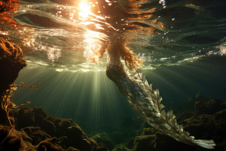 Underwater view of a mermaid swimming in the sea with sunlightの素材