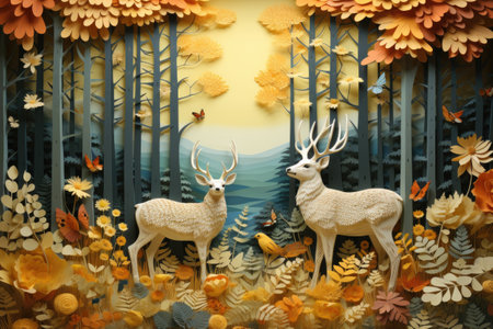 Autumn landscape with forest and white deer. Paper art style.の素材