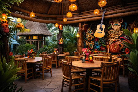 Tropical restaurant with wooden tables and chairs in a tropical settingの素材