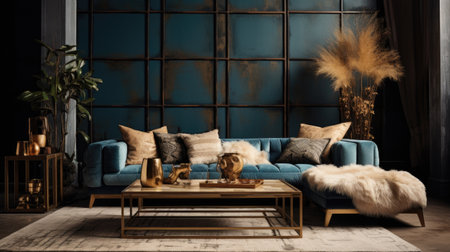 Interior of modern living room with blue sofa and wooden coffee tableの素材