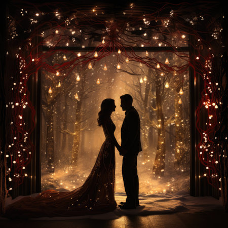 silhouette of the bride and groom in the window in the winter forestの素材