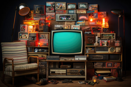 Vintage TV set on a shelf in a dark room at night.の素材