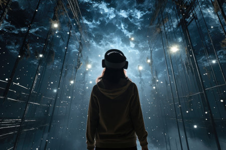 Woman wearing virtual reality goggles on a background of night sky with cloudsの素材