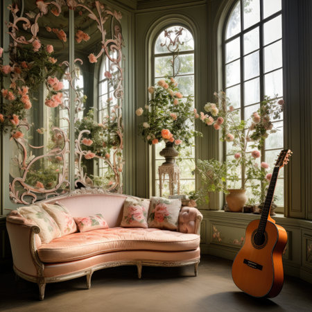 Luxury living room with a sofa, a guitar and flowersの素材