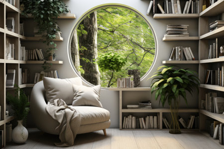 Comfortable armchair in modern living room with round mirror on wallの素材