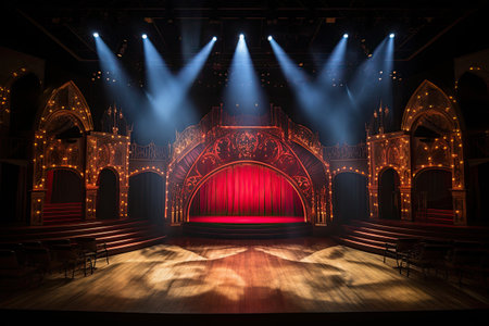 Stage with red curtains, lights and spotlights. Night scene.の素材