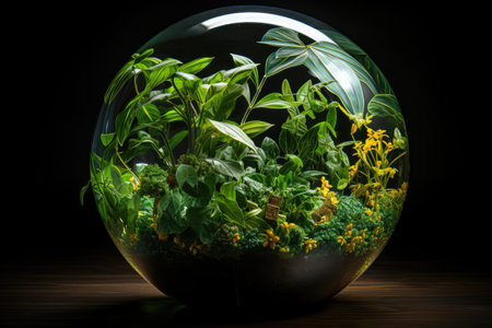 Glass florarium with a variety of plants on a black backgroundの素材