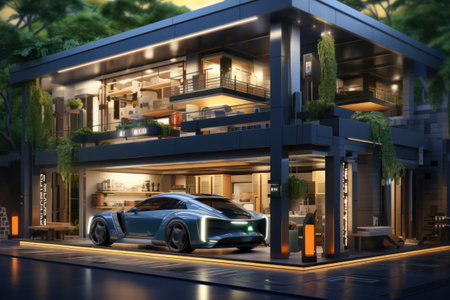 a modern house with a garage and a carの素材