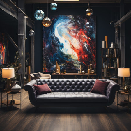 Interior of modern living room with black sofa, lamp, bookshelf, coffee table and art paintingの素材