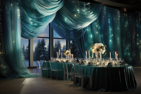 wedding table with green chairs, candles and curtains at nightの素材