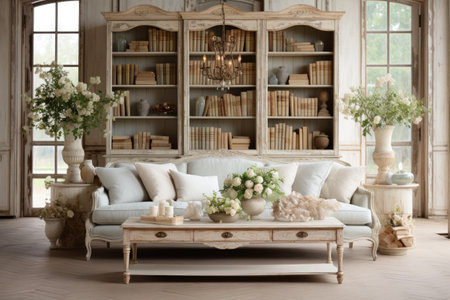 Luxury living room interior with furniture and bookshelves.の素材