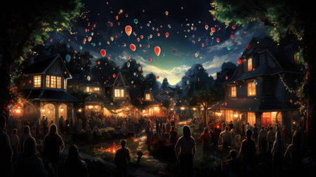 Night view of a village with hot air balloons flying in the skyの素材
