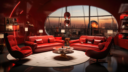Luxury living room with red sofas and a view of the cityの素材